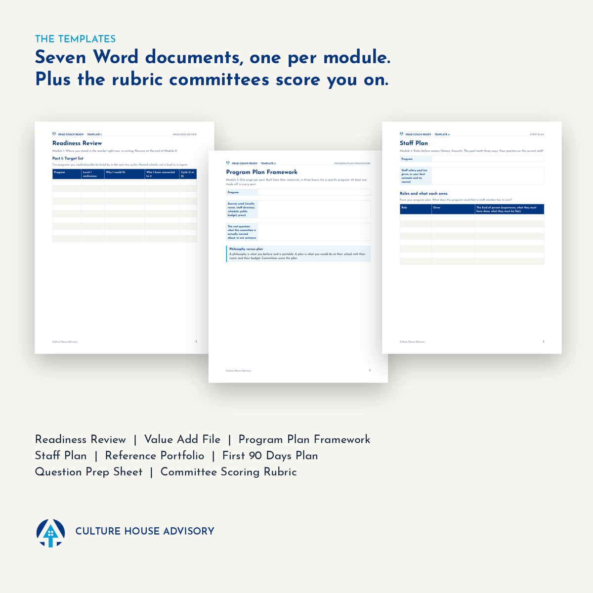 Seven editable Word templates for the Head Coach Ready course plus the committee scoring rubric