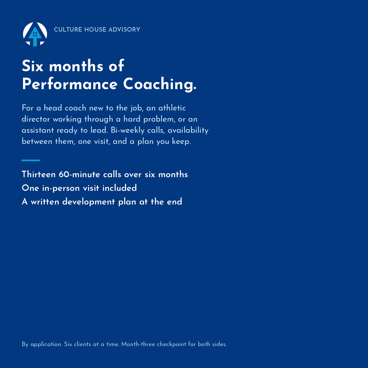 Performance Coaching for head coaches and athletic directors: six months, bi-weekly calls, one campus visit, a written development plan